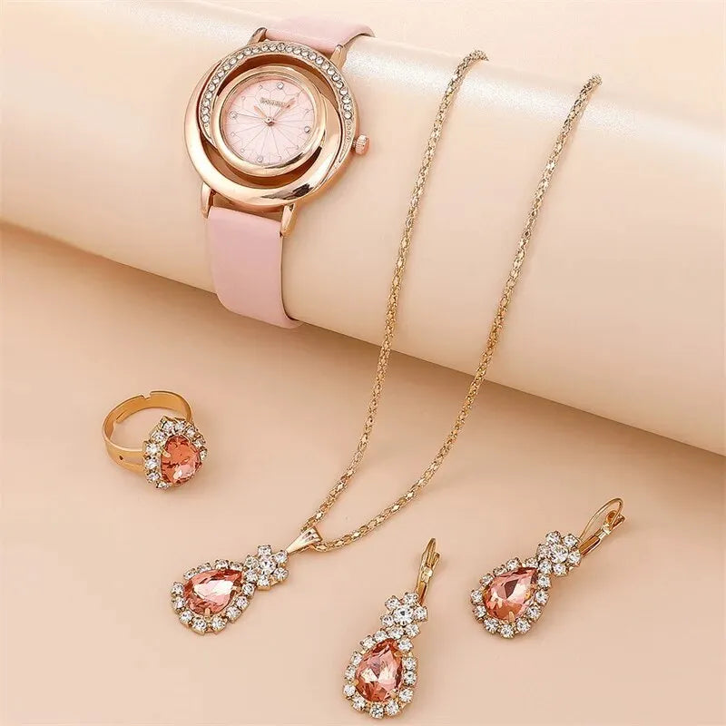 Luxury Watch Women Ring Necklace Earring Rhinestone Fashion