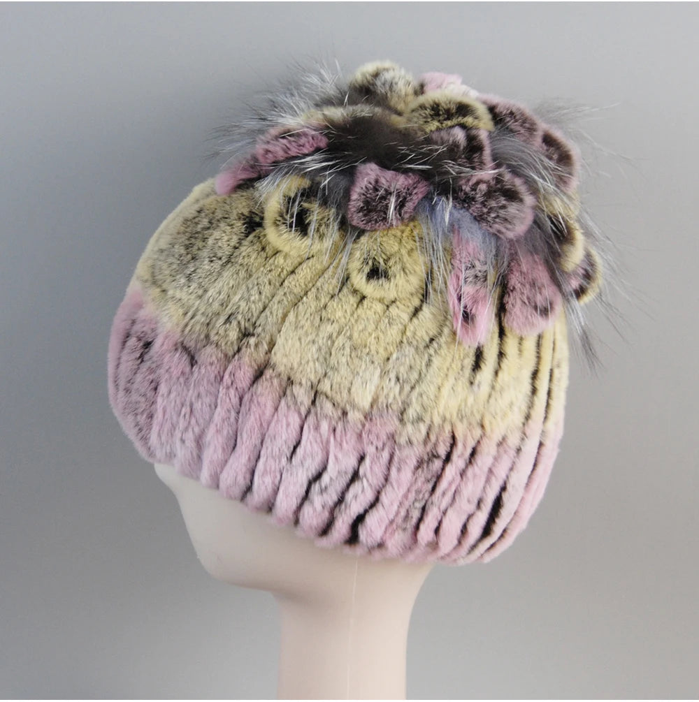 Fur Hats for Women Winter Real Rex Rabbit Hat Fox Fur Knit Female
