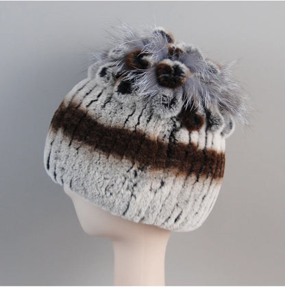 Fur Hats for Women Winter Real Rex Rabbit Hat Fox Fur Knit Female