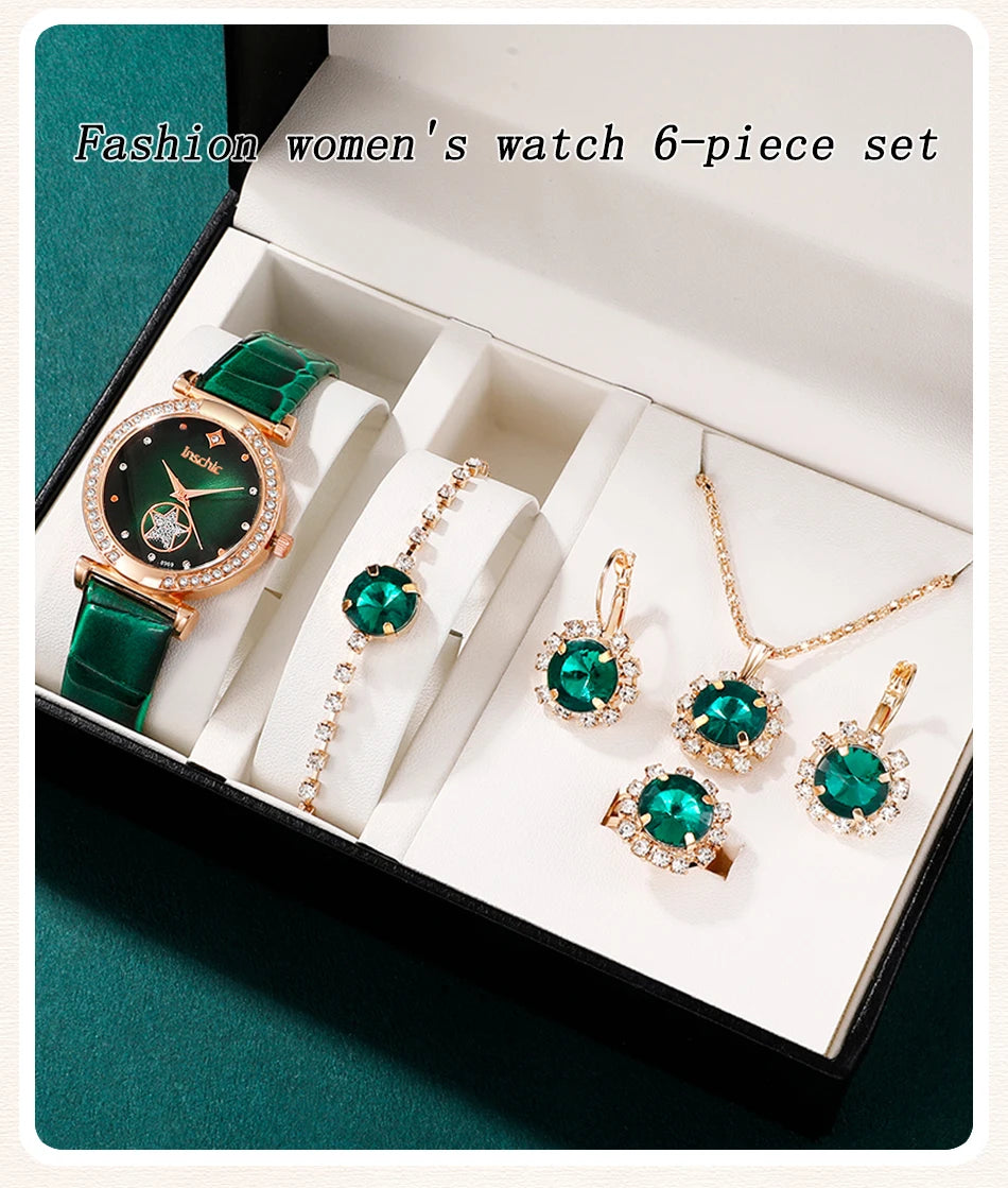 Green Luxury Quartz Watch Women Ring Necklace Earring Rhinestone