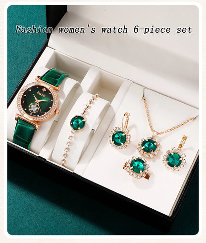Green Luxury Quartz Watch Women Ring Necklace Earring Rhinestone