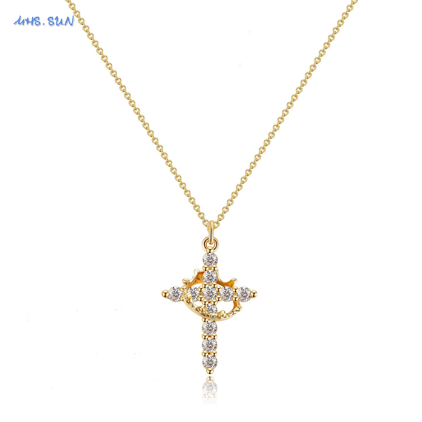 Cubic Zircon Rotatable Crown Cross Pendant Necklaces