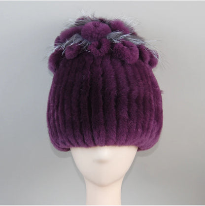 Fur Hats for Women Winter Real Rex Rabbit Hat Fox Fur Knit Female