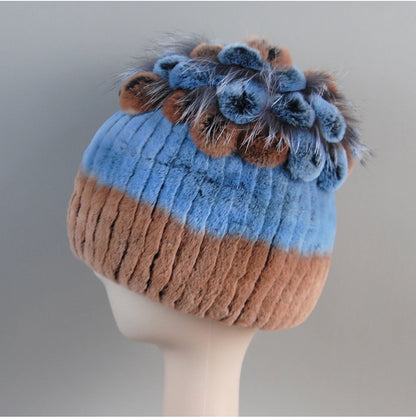 Fur Hats for Women Winter Real Rex Rabbit Hat Fox Fur Knit Female