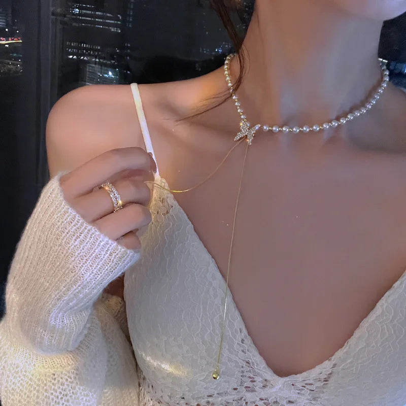 New Beads Women's Neck Chain Kpop Pearl Choker Necklace