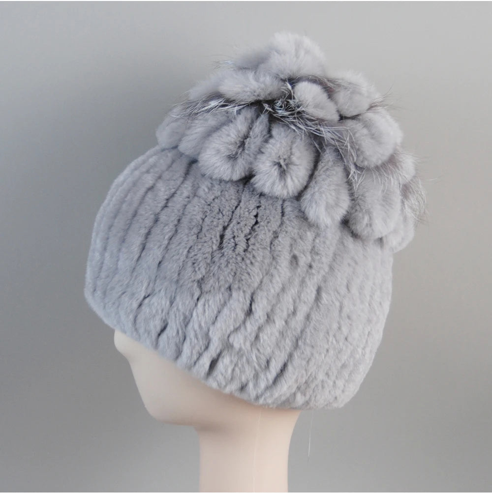 Fur Hats for Women Winter Real Rex Rabbit Hat Fox Fur Knit Female