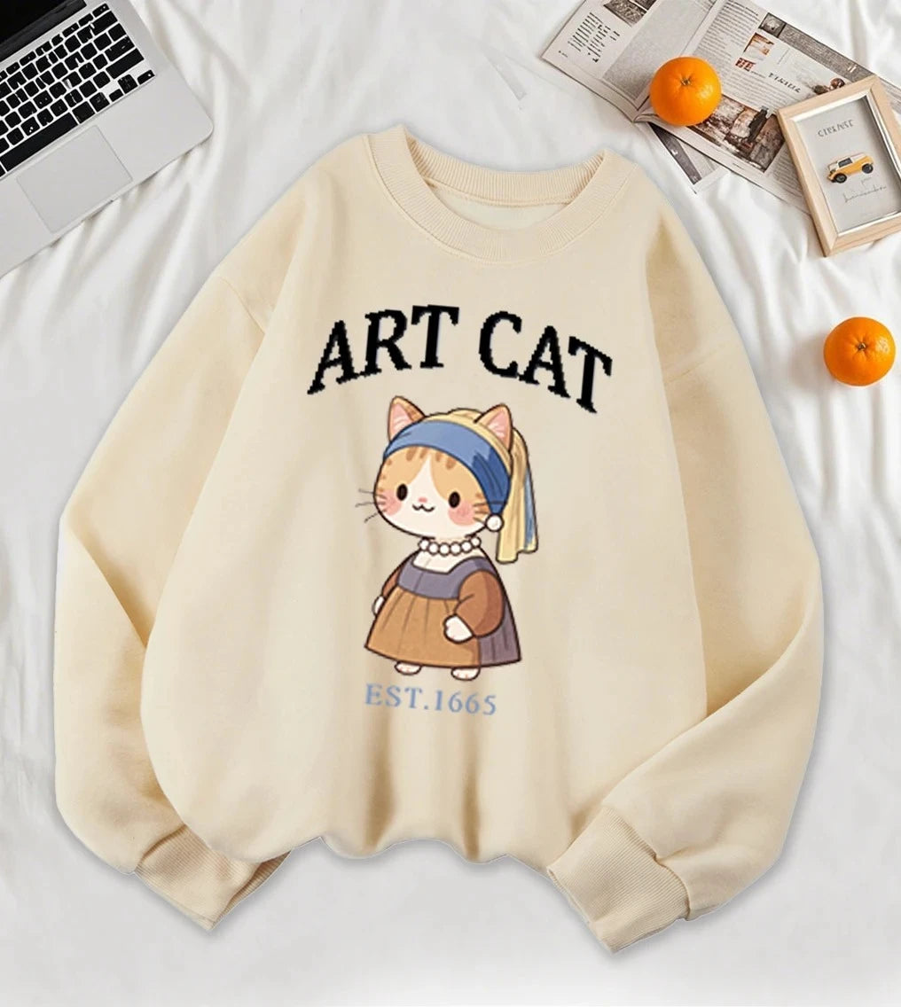 Girl with A Pearl Earring Art Cat Cartoon Print Womens Sweatshirt