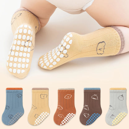 5 Pairs of Baby Floor Socks with Cartoon Animal Bear Pattern
