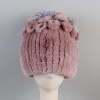 Fur Hats for Women Winter Real Rex Rabbit Hat Fox Fur Knit Female