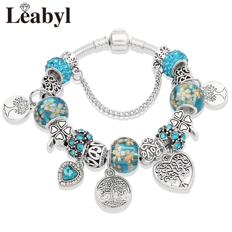 Antique  Silver Tree of Life Charm Bracelets Green Crystal Flower