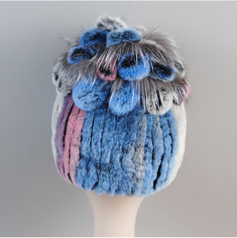 Fur Hats for Women Winter Real Rex Rabbit Hat Fox Fur Knit Female
