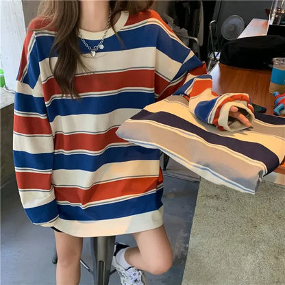 Women's Autumn T-shirt Striped Top Sweatshirt 2024 Korean