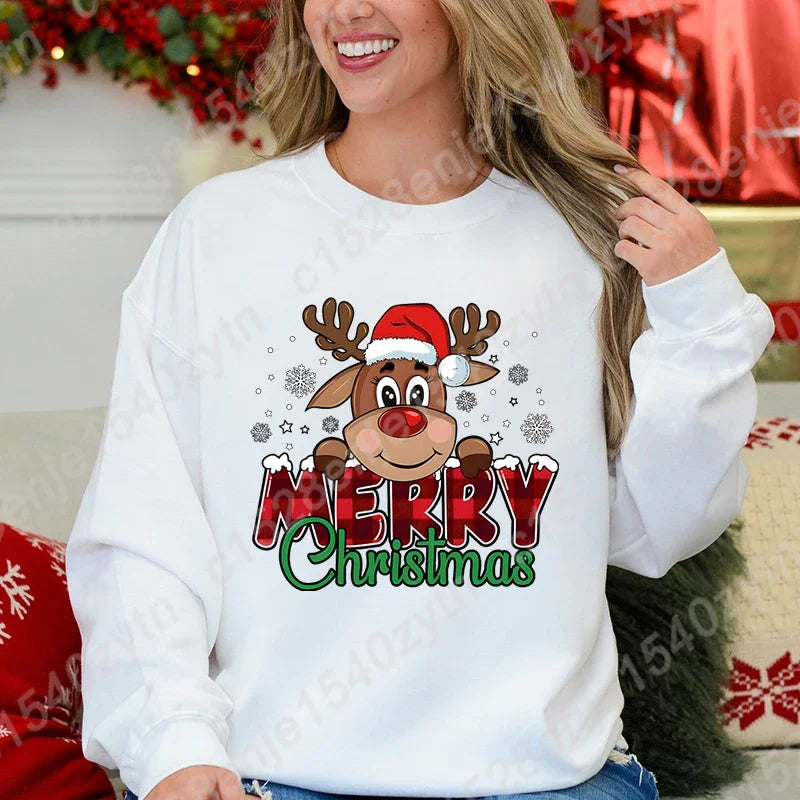 Women's Festive Christmas Reindeer & Plaid Graphic Sweatshirt