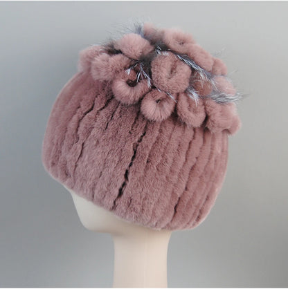 Fur Hats for Women Winter Real Rex Rabbit Hat Fox Fur Knit Female