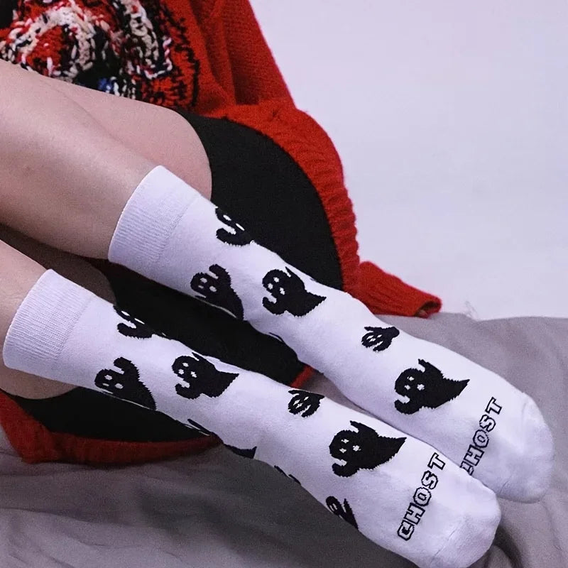 Black  White Halloween Mid-Calf Socks - Trendy Women's Socks