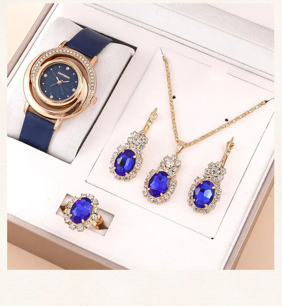 Luxury Watch Women Ring Necklace Earring Rhinestone Fashion