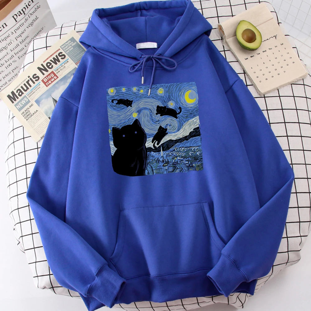 The Starry Cat Night Printing Hoodies Men Autumn Oversize Hoodie