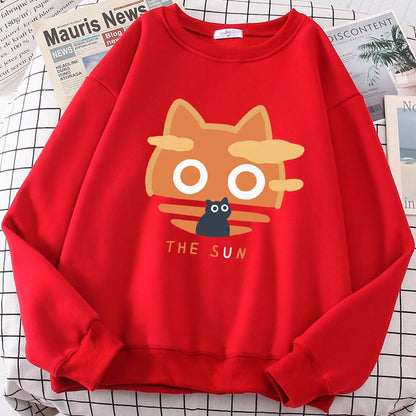 The Sun Orange Cat Fun Cute Print Cartoons Hoody Men Loose