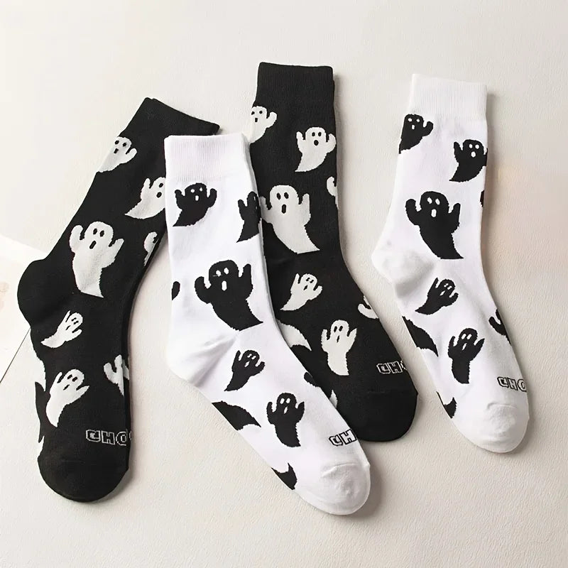 Black  White Halloween Mid-Calf Socks - Trendy Women's Socks