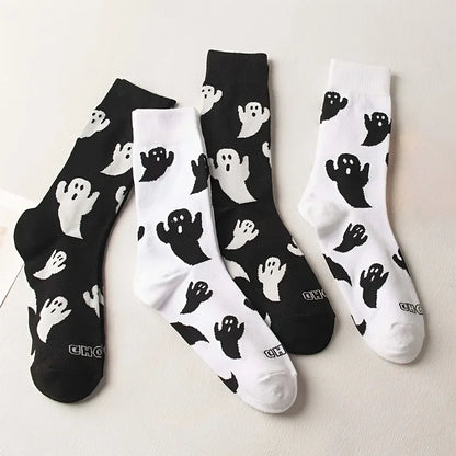 Black  White Halloween Mid-Calf Socks - Trendy Women's Socks