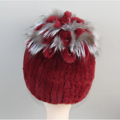 Fur Hats for Women Winter Real Rex Rabbit Hat Fox Fur Knit Female