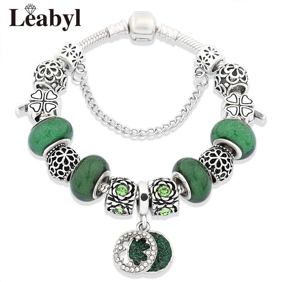 Antique  Silver Tree of Life Charm Bracelets Green Crystal Flower