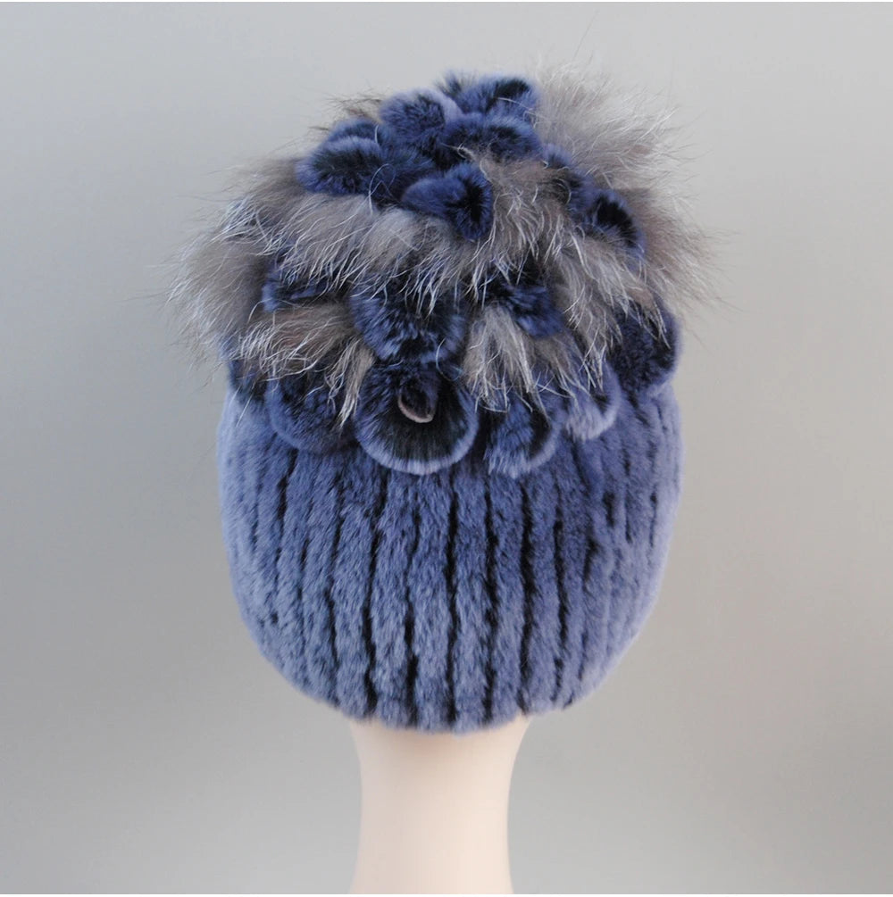 Fur Hats for Women Winter Real Rex Rabbit Hat Fox Fur Knit Female