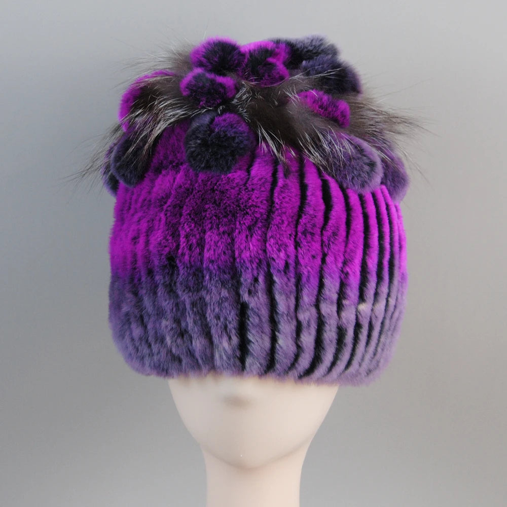 Fur Hats for Women Winter Real Rex Rabbit Hat Fox Fur Knit Female