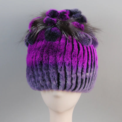 Fur Hats for Women Winter Real Rex Rabbit Hat Fox Fur Knit Female