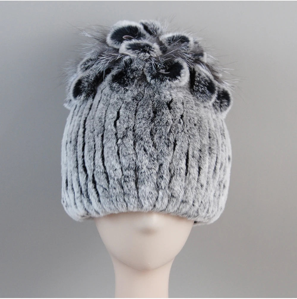 Fur Hats for Women Winter Real Rex Rabbit Hat Fox Fur Knit Female