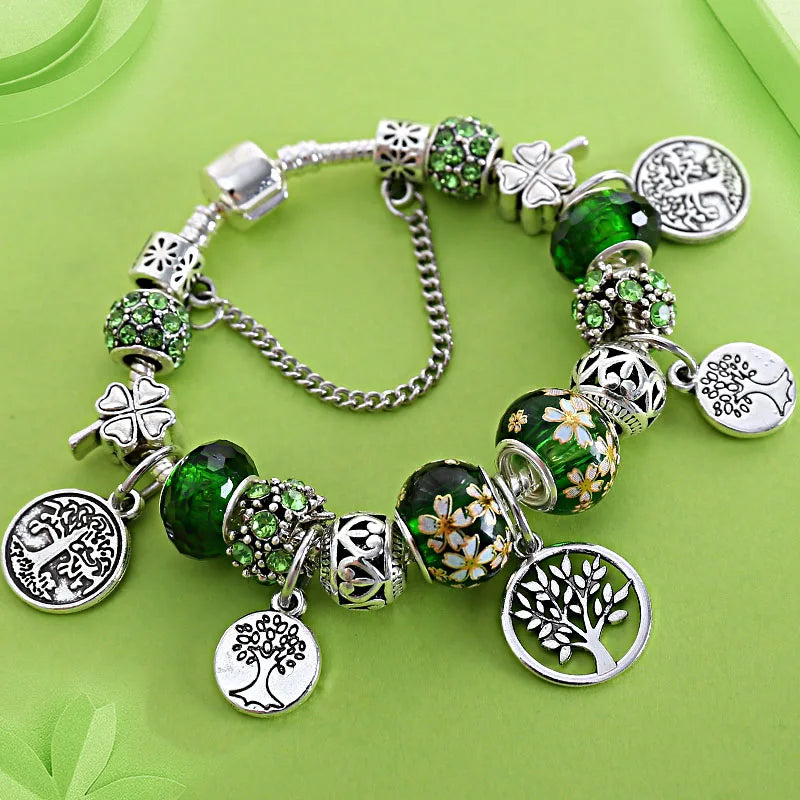 Antique  Silver Tree of Life Charm Bracelets Green Crystal Flower