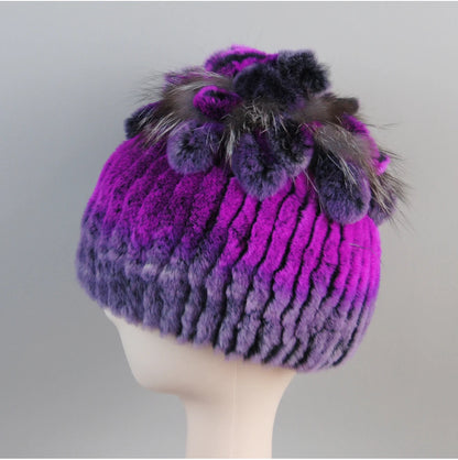 Fur Hats for Women Winter Real Rex Rabbit Hat Fox Fur Knit Female