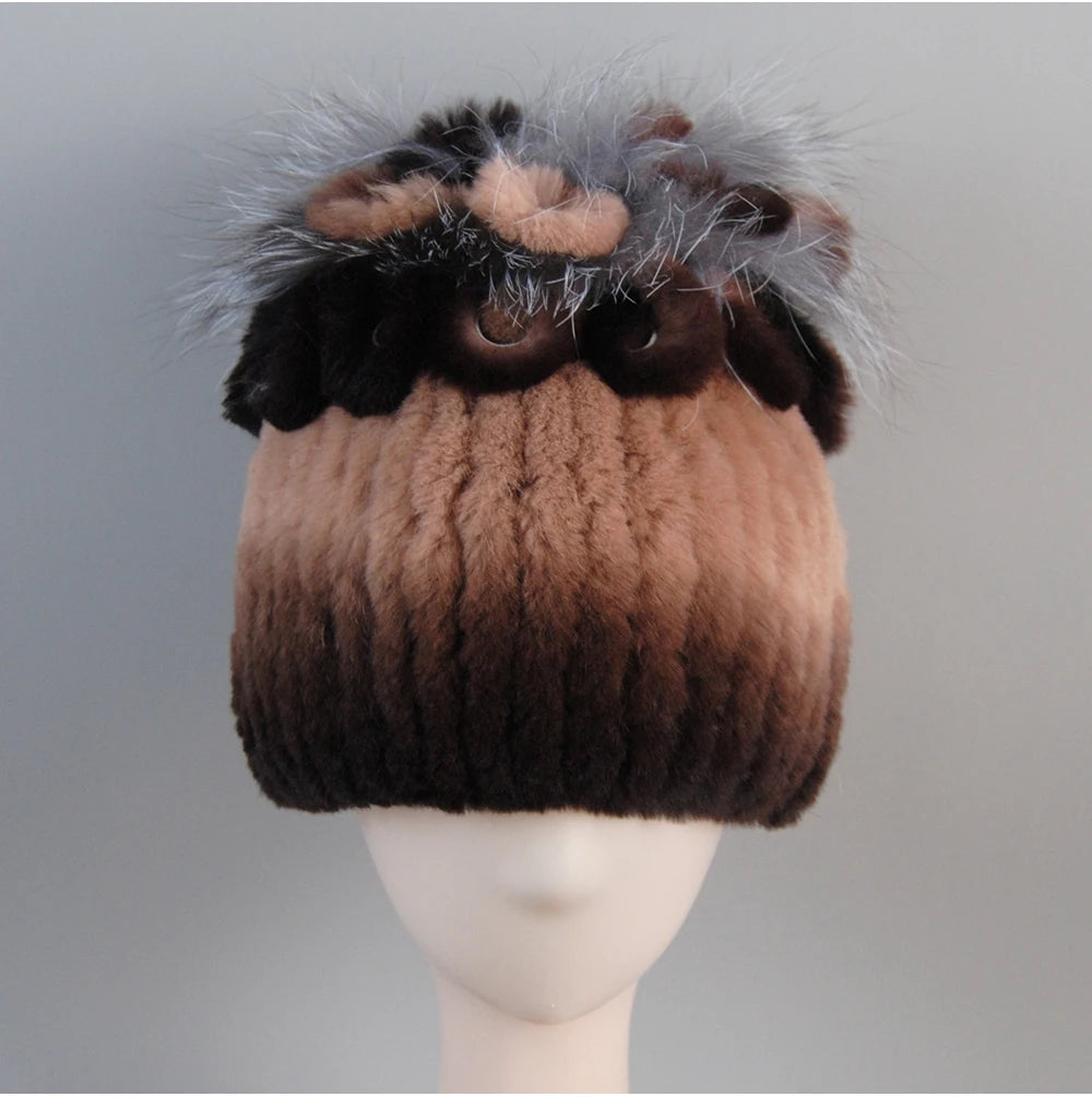 Fur Hats for Women Winter Real Rex Rabbit Hat Fox Fur Knit Female