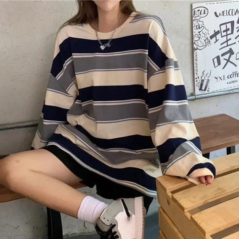 Women's Autumn T-shirt Striped Top Sweatshirt 2024 Korean