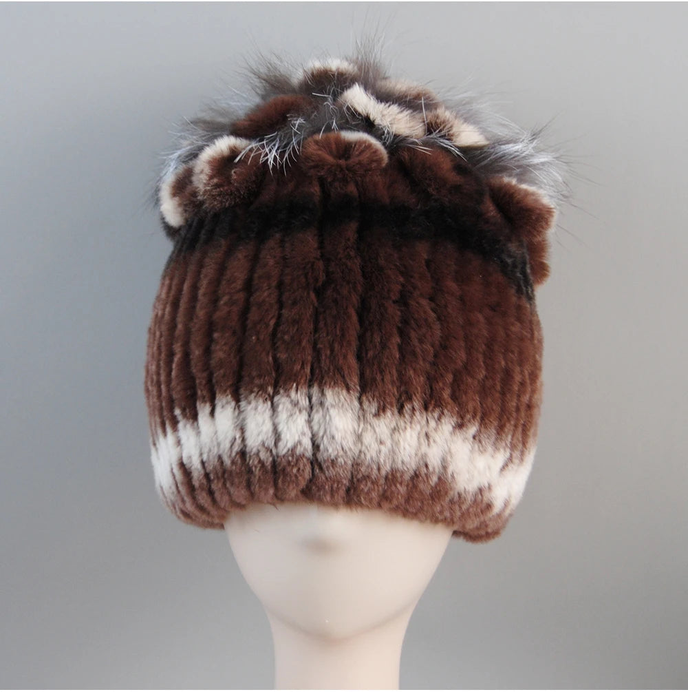 Fur Hats for Women Winter Real Rex Rabbit Hat Fox Fur Knit Female