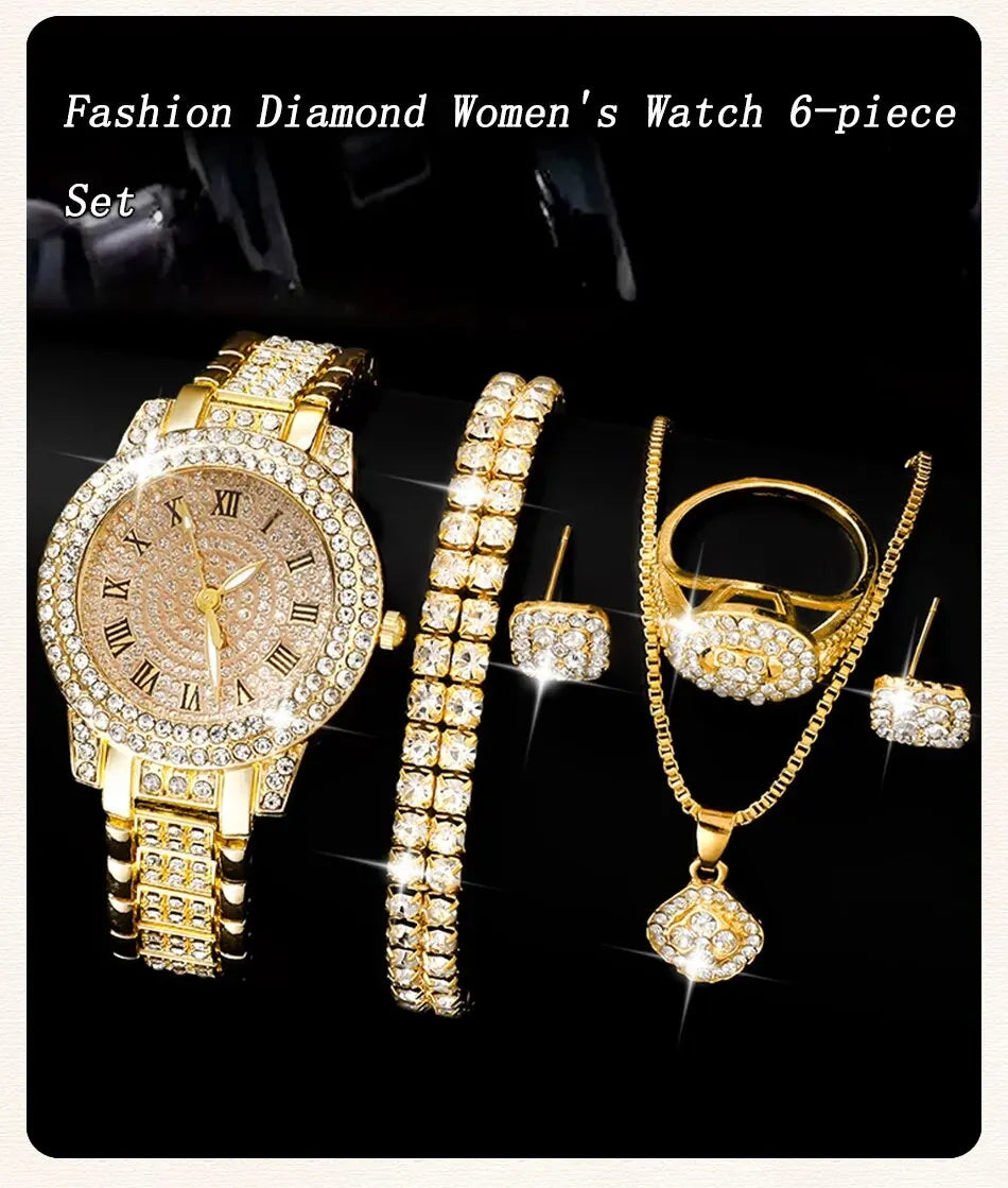 Golden Watch Women Ring Necklace Earrings Rhinestone Fashion