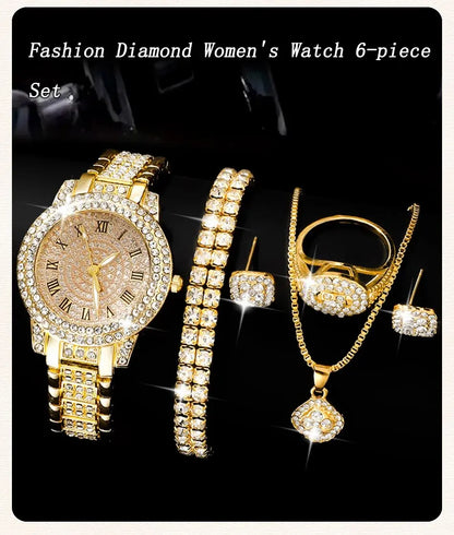 Golden Watch Women Ring Necklace Earrings Rhinestone Fashion