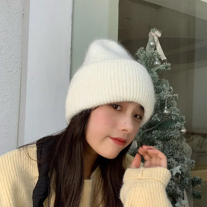 Winter Hats Woman Soft Knit Beanie Warm Rabbit Fur Hat Solid