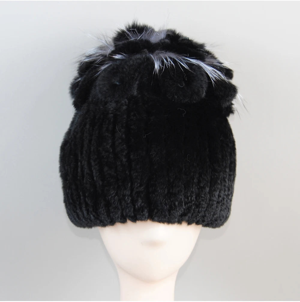 Fur Hats for Women Winter Real Rex Rabbit Hat Fox Fur Knit Female