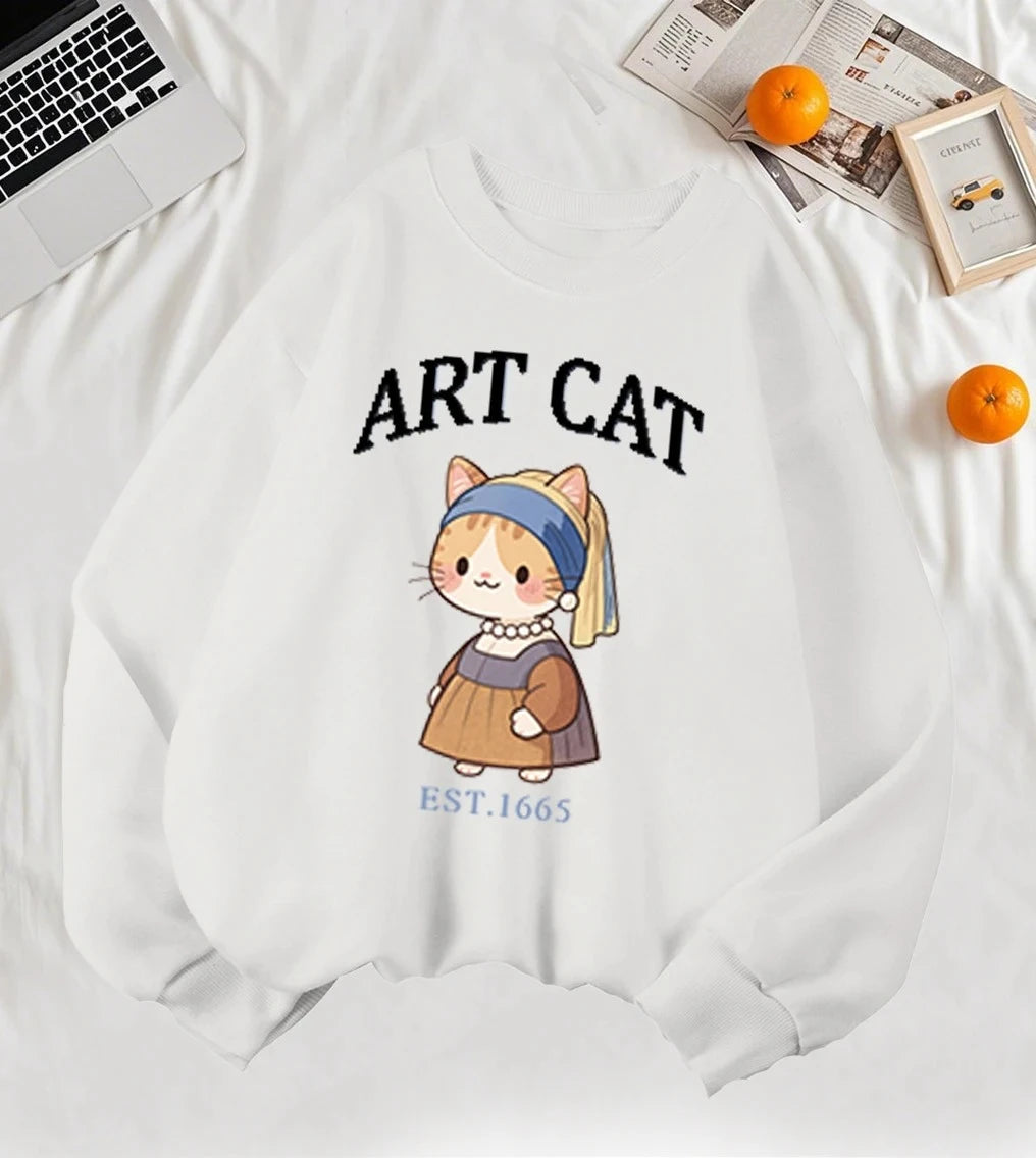 Girl with A Pearl Earring Art Cat Cartoon Print Womens Sweatshirt