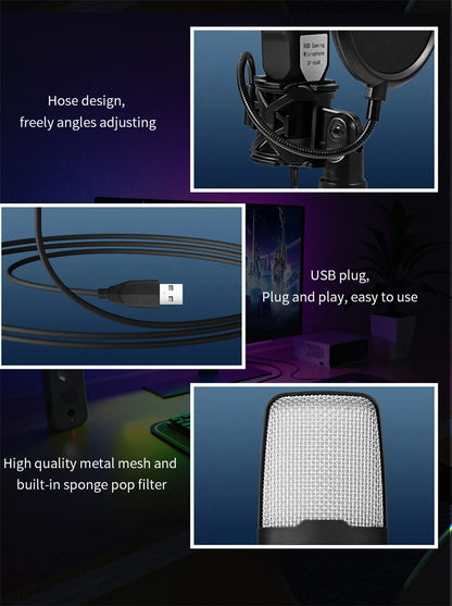 USB Microphone RGB Microfone Condensador Wire Gaming