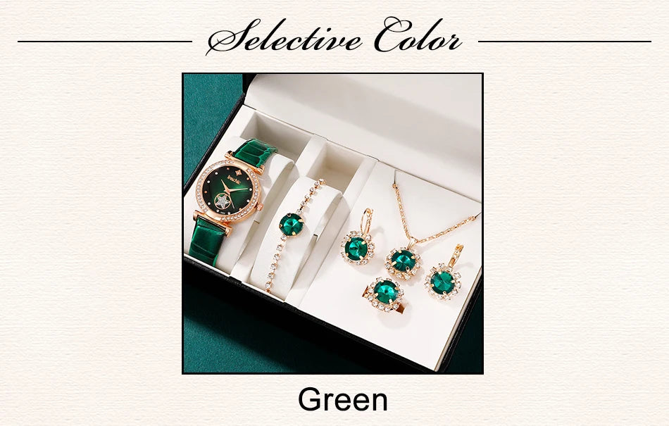 Green Luxury Quartz Watch Women Ring Necklace Earring Rhinestone