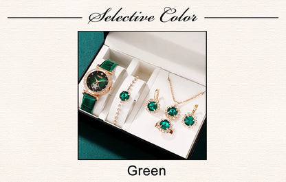 Green Luxury Quartz Watch Women Ring Necklace Earring Rhinestone