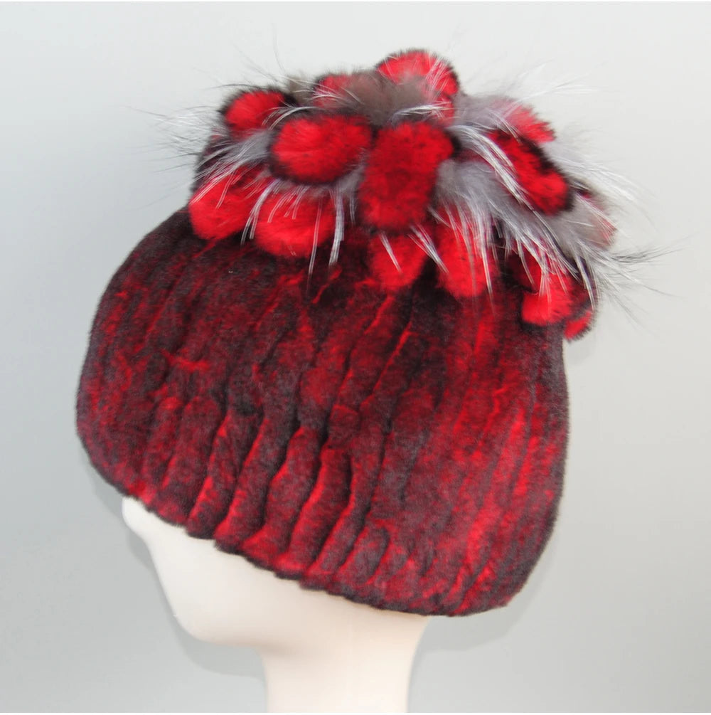 Fur Hats for Women Winter Real Rex Rabbit Hat Fox Fur Knit Female