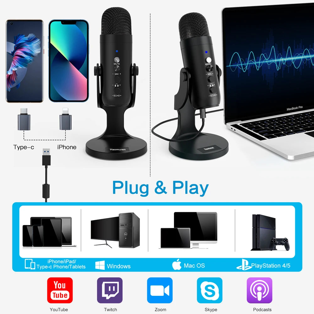 Haomuren USB Microphone for PC Mac Gaming Recording Stream