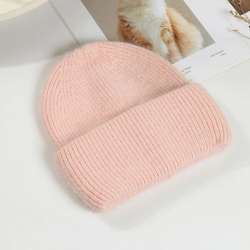 Winter Hats Woman Soft Knit Beanie Warm Rabbit Fur Hat Solid