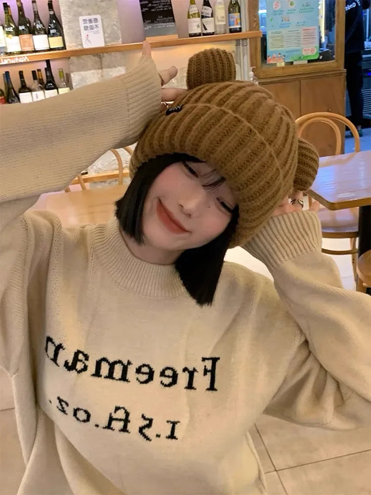 Cute Bear Ear Knitted Wool Hat Women Fashion Hooded Thick