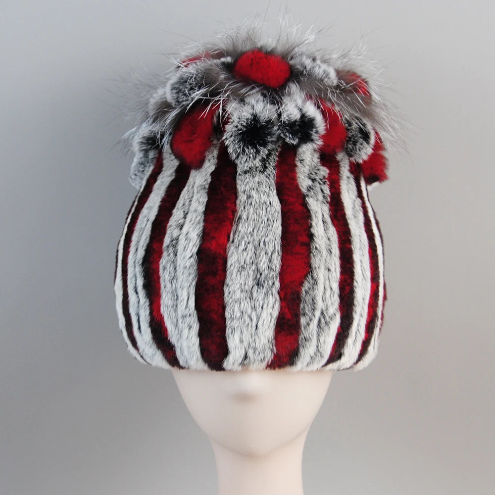 Fur Hats for Women Winter Real Rex Rabbit Hat Fox Fur Knit Female