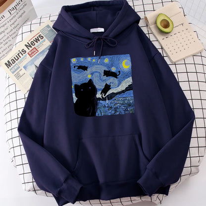 The Starry Cat Night Printing Hoodies Men Autumn Oversize Hoodie