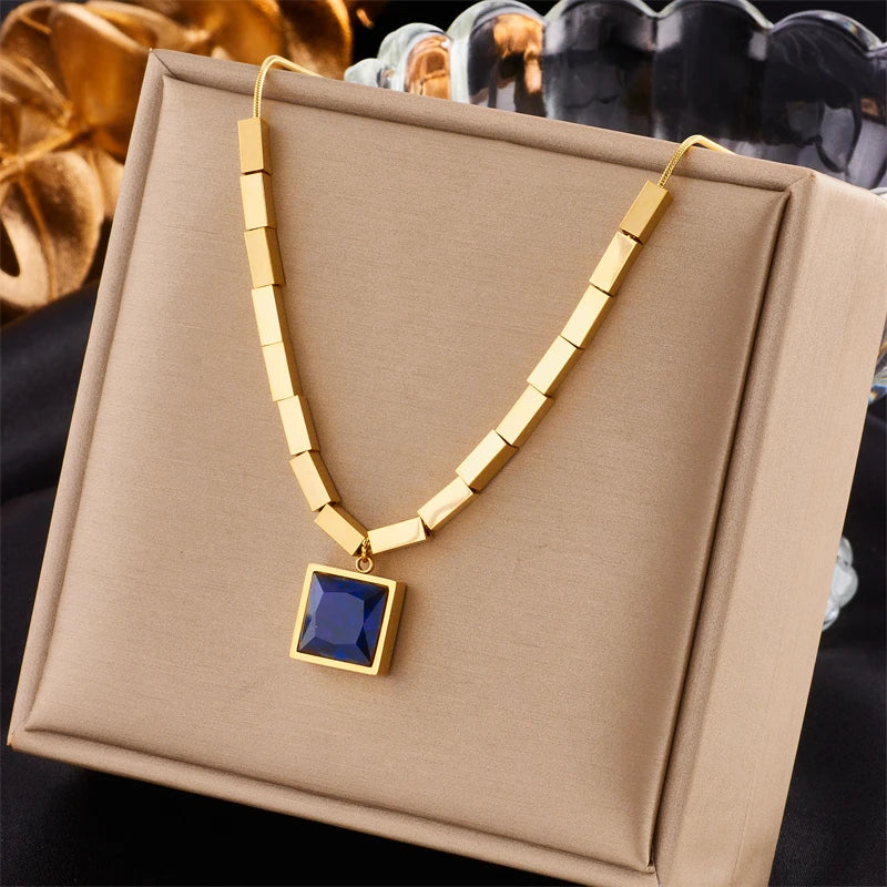 Stainless Steel Square Blue Zircon Necklace For Women